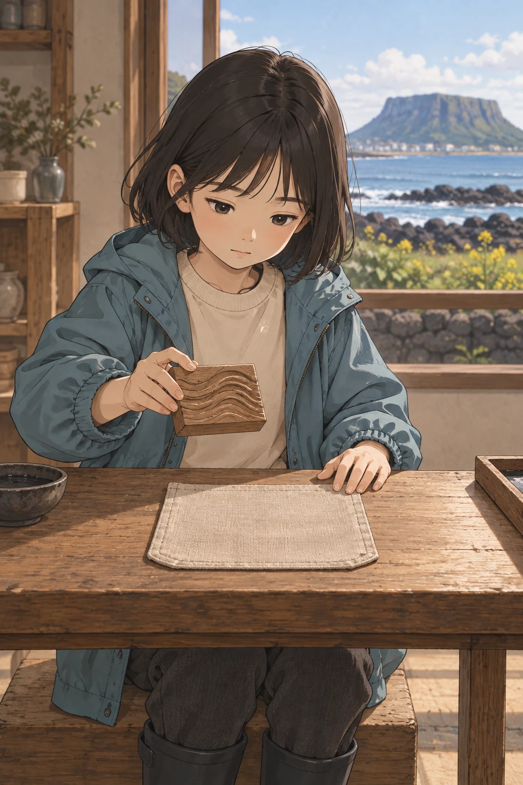 50화: 받쳐 드러낸 푸른 결 2페이지. 주머니 한가운데에 푸른 파도무늬를 온전히 찍으려 했다.