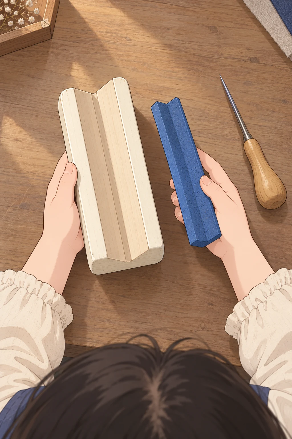 51화: 골을 지킨 작은 책 7페이지. 윤서는 제본 받침의 V홈과 푸른 코르크 홈받이를 살폈다.