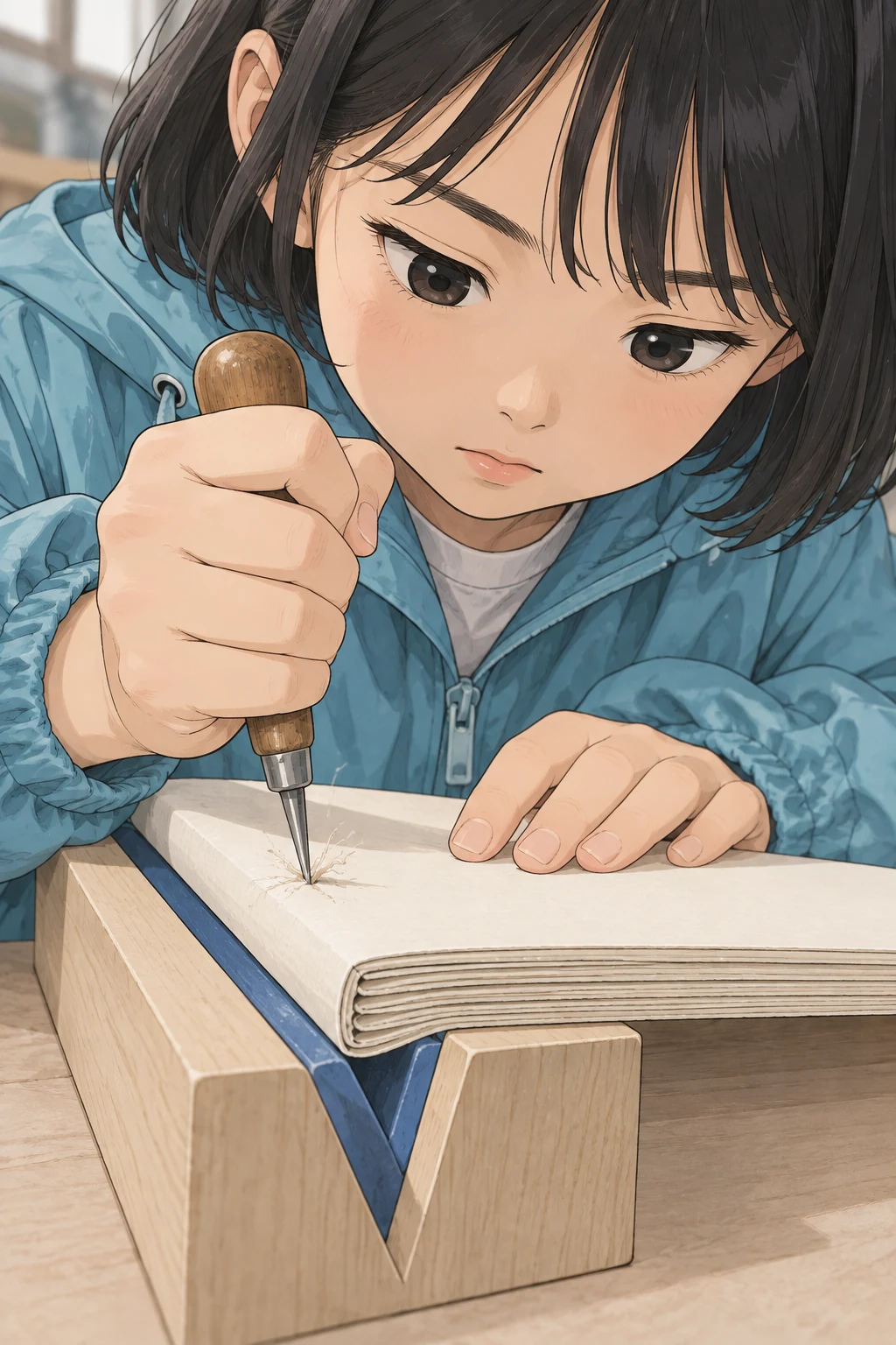 51화: 골을 지킨 작은 책 13페이지. 송곳을 급하게 얕게 누르자 끝이 멈추고 종이 섬유가 거칠게 일어났다.
