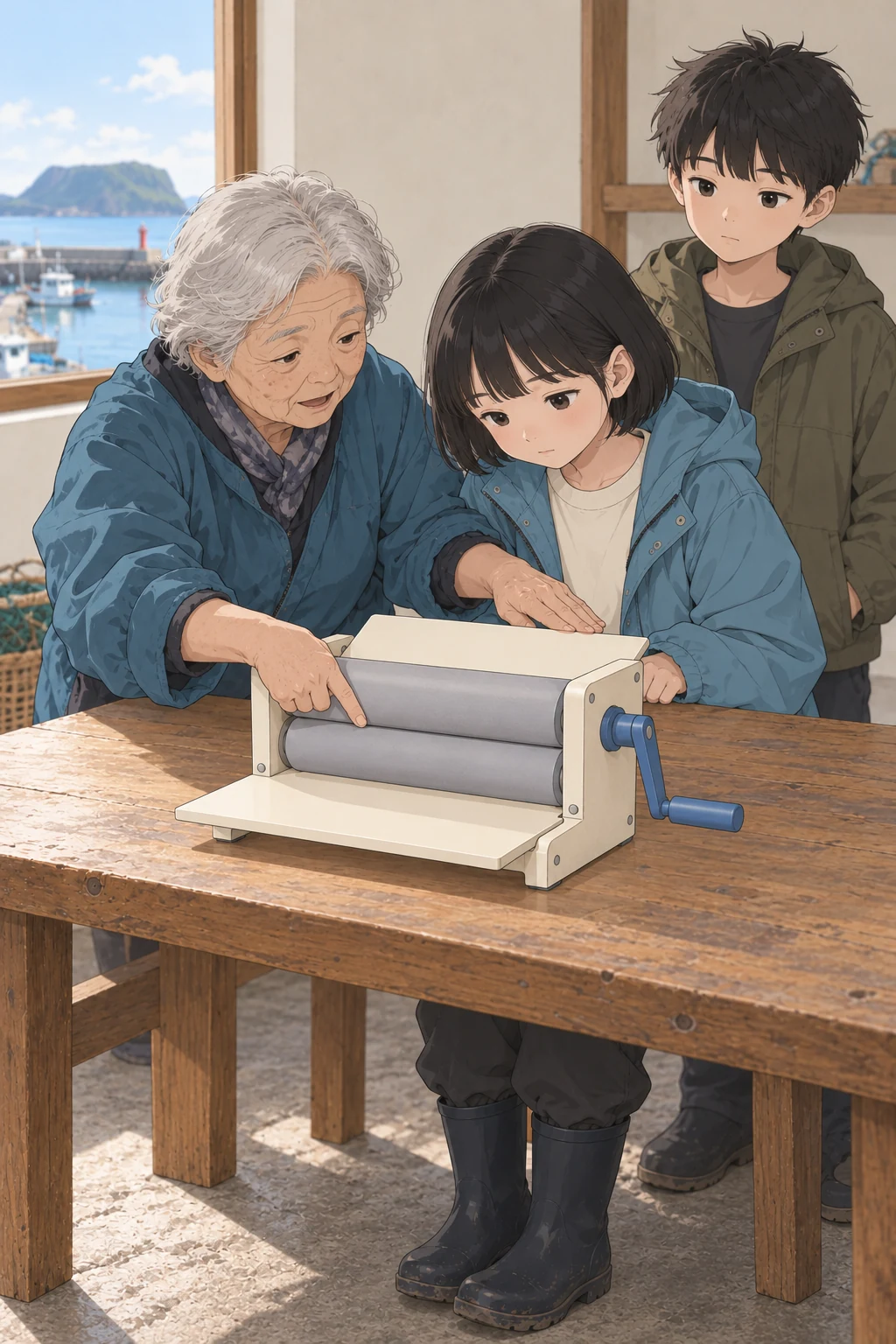 52화: 멈추지 않고 건넌 면 6페이지. 순덕은 두 롤러가 만나는 선과 보호지가 나올 길을 함께 보라고 했다.